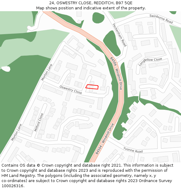 24, OSWESTRY CLOSE, REDDITCH, B97 5QE: Location map and indicative extent of plot