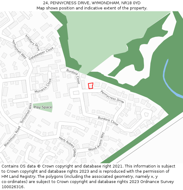 24, PENNYCRESS DRIVE, WYMONDHAM, NR18 0YD: Location map and indicative extent of plot