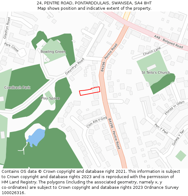 24, PENTRE ROAD, PONTARDDULAIS, SWANSEA, SA4 8HT: Location map and indicative extent of plot