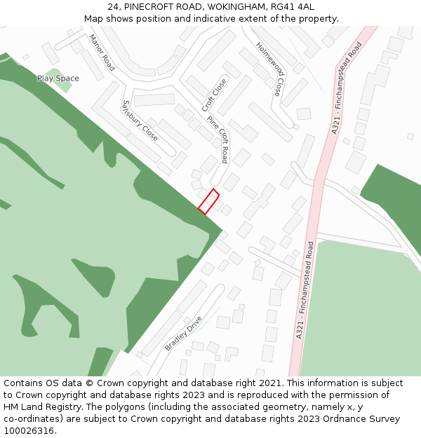 24, PINECROFT ROAD, WOKINGHAM, RG41 4AL: Location map and indicative extent of plot