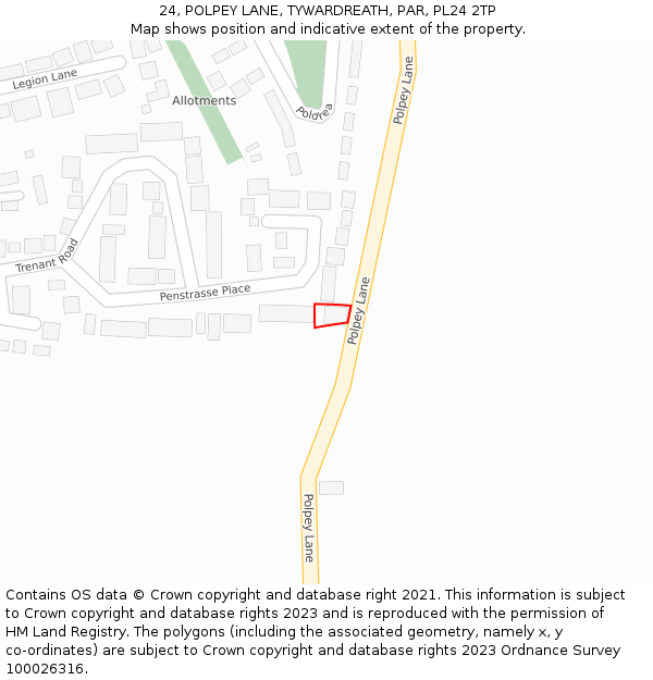 24, POLPEY LANE, TYWARDREATH, PAR, PL24 2TP: Location map and indicative extent of plot