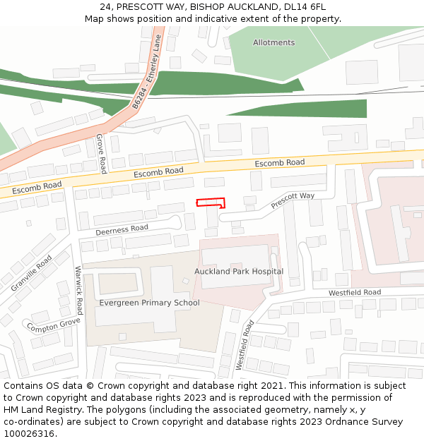 24, PRESCOTT WAY, BISHOP AUCKLAND, DL14 6FL: Location map and indicative extent of plot