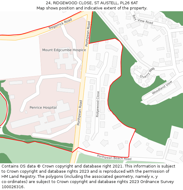 24, RIDGEWOOD CLOSE, ST AUSTELL, PL26 6AT: Location map and indicative extent of plot