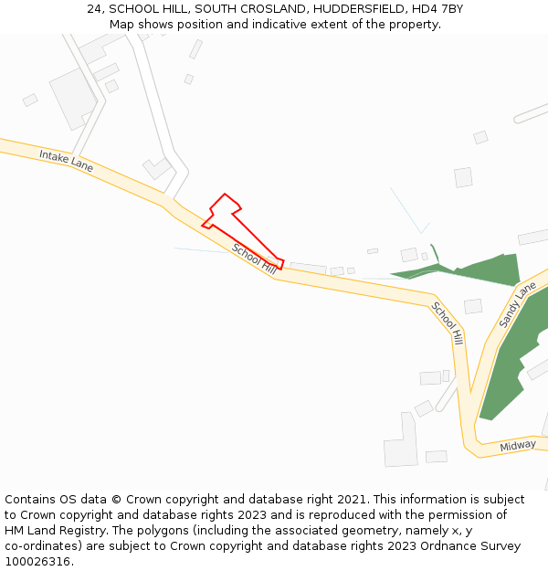 24, SCHOOL HILL, SOUTH CROSLAND, HUDDERSFIELD, HD4 7BY: Location map and indicative extent of plot