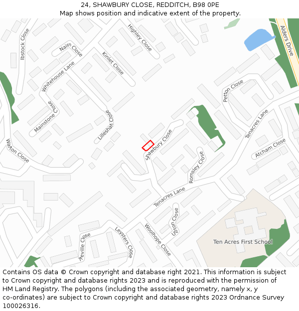 24, SHAWBURY CLOSE, REDDITCH, B98 0PE: Location map and indicative extent of plot