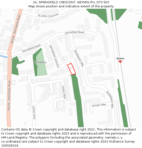 24, SPRINGFIELD CRESCENT, WEYMOUTH, DT3 5DY: Location map and indicative extent of plot