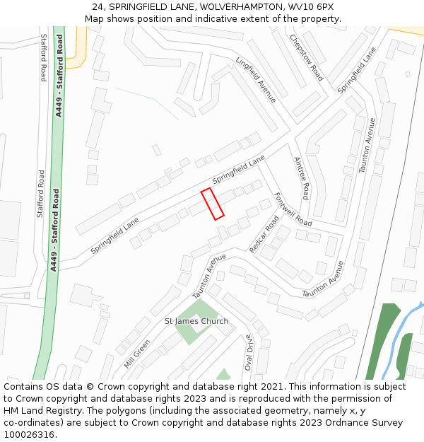 24, SPRINGFIELD LANE, WOLVERHAMPTON, WV10 6PX: Location map and indicative extent of plot
