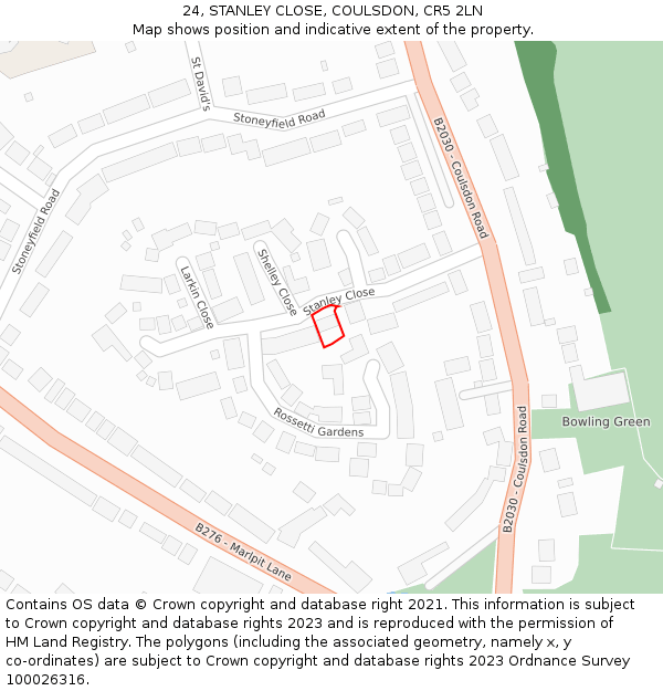 24, STANLEY CLOSE, COULSDON, CR5 2LN: Location map and indicative extent of plot