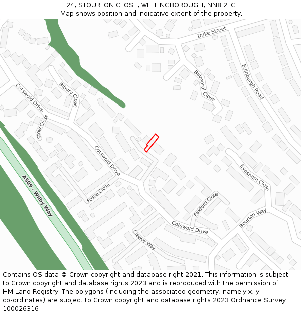 24, STOURTON CLOSE, WELLINGBOROUGH, NN8 2LG: Location map and indicative extent of plot