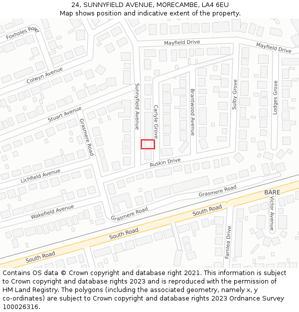 24, SUNNYFIELD AVENUE, MORECAMBE, LA4 6EU: Location map and indicative extent of plot