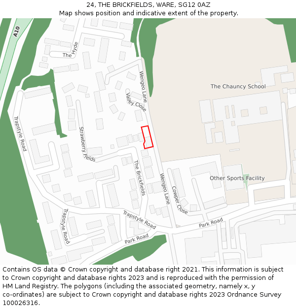 24, THE BRICKFIELDS, WARE, SG12 0AZ: Location map and indicative extent of plot