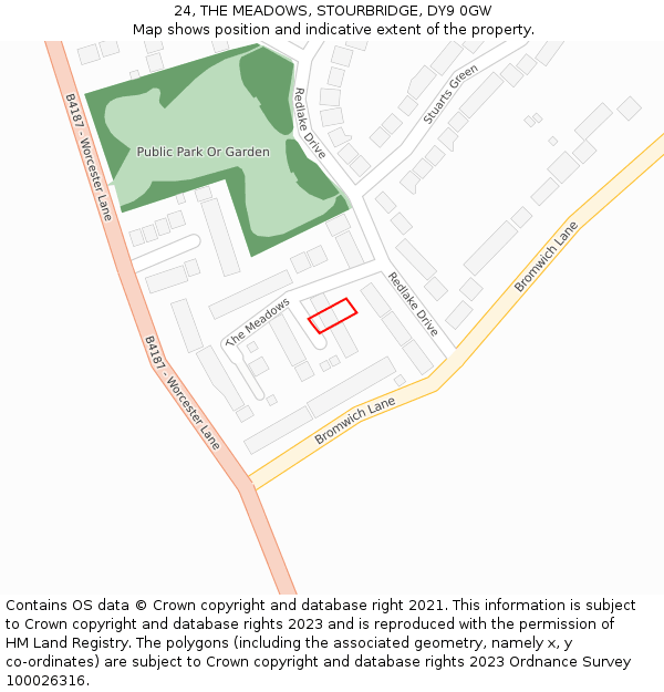 24, THE MEADOWS, STOURBRIDGE, DY9 0GW: Location map and indicative extent of plot