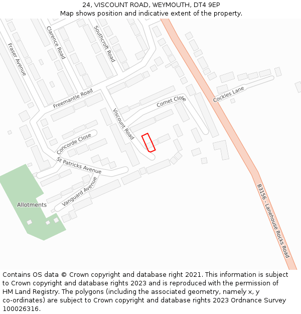 24, VISCOUNT ROAD, WEYMOUTH, DT4 9EP: Location map and indicative extent of plot