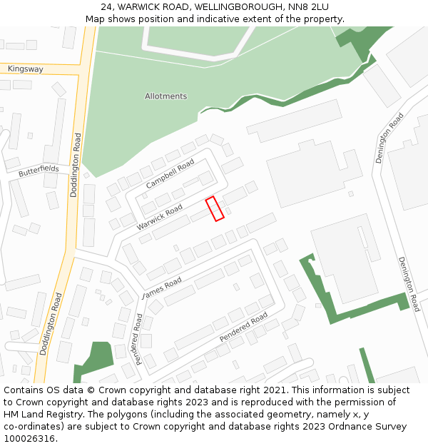 24, WARWICK ROAD, WELLINGBOROUGH, NN8 2LU: Location map and indicative extent of plot