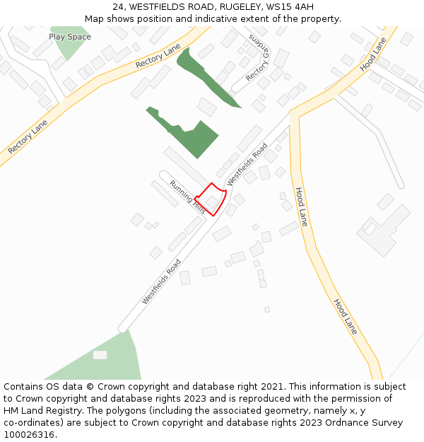 24, WESTFIELDS ROAD, RUGELEY, WS15 4AH: Location map and indicative extent of plot