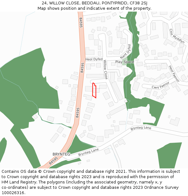 24, WILLOW CLOSE, BEDDAU, PONTYPRIDD, CF38 2SJ: Location map and indicative extent of plot