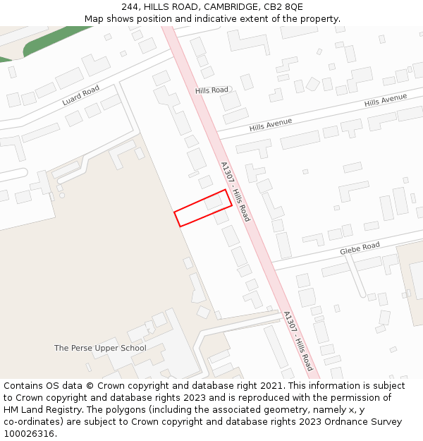 244, HILLS ROAD, CAMBRIDGE, CB2 8QE: Location map and indicative extent of plot
