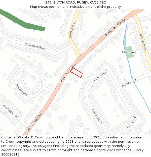 245, BILTON ROAD, RUGBY, CV22 7EQ: Location map and indicative extent of plot