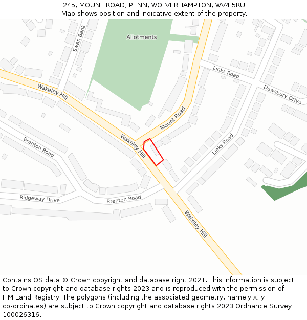 245, MOUNT ROAD, PENN, WOLVERHAMPTON, WV4 5RU: Location map and indicative extent of plot