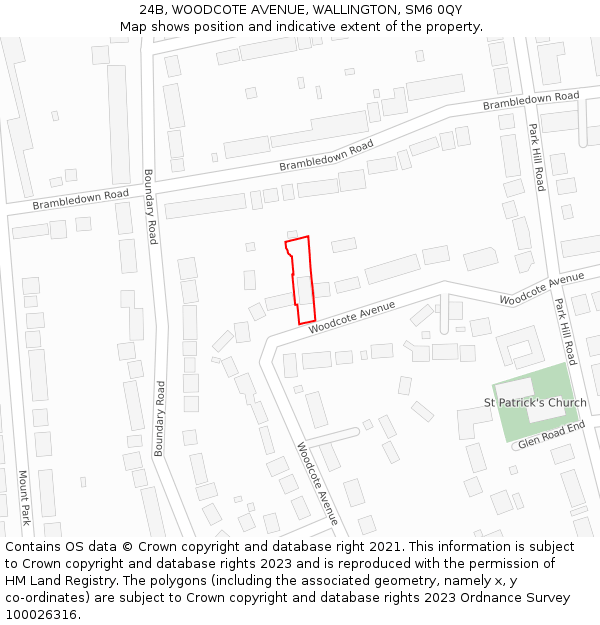 24B, WOODCOTE AVENUE, WALLINGTON, SM6 0QY: Location map and indicative extent of plot