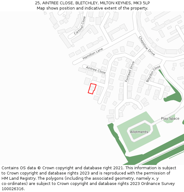 25, AINTREE CLOSE, BLETCHLEY, MILTON KEYNES, MK3 5LP: Location map and indicative extent of plot
