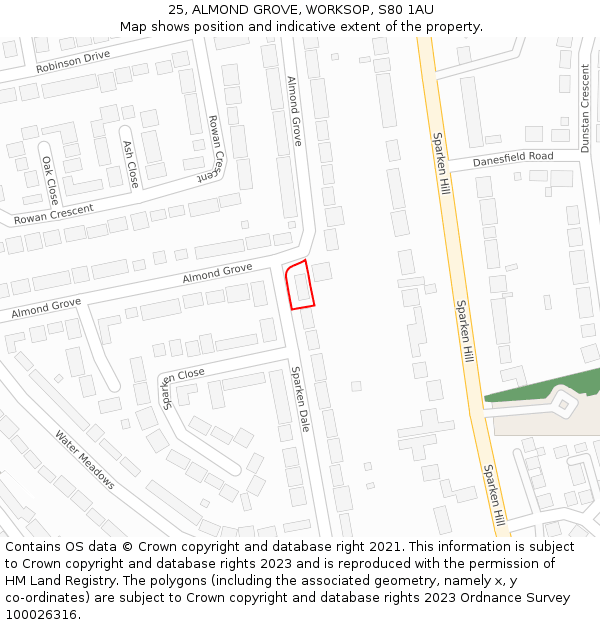 25, ALMOND GROVE, WORKSOP, S80 1AU: Location map and indicative extent of plot