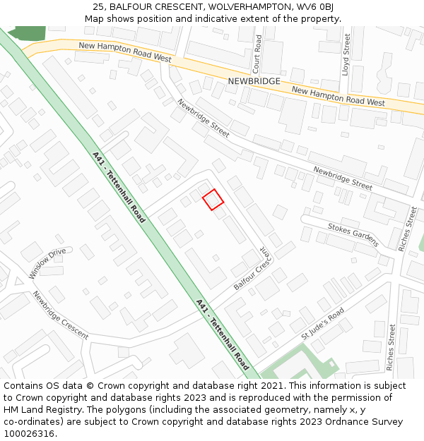 25, BALFOUR CRESCENT, WOLVERHAMPTON, WV6 0BJ: Location map and indicative extent of plot