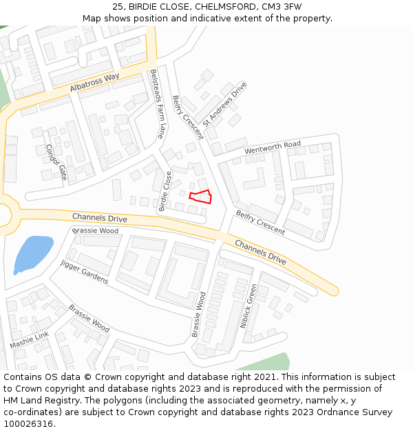 25, BIRDIE CLOSE, CHELMSFORD, CM3 3FW: Location map and indicative extent of plot