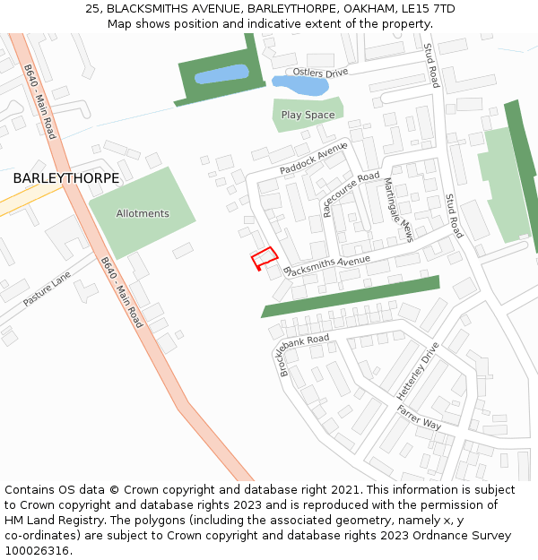 25, BLACKSMITHS AVENUE, BARLEYTHORPE, OAKHAM, LE15 7TD: Location map and indicative extent of plot