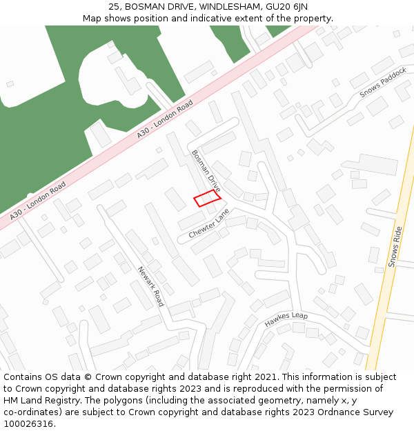 25, BOSMAN DRIVE, WINDLESHAM, GU20 6JN: Location map and indicative extent of plot