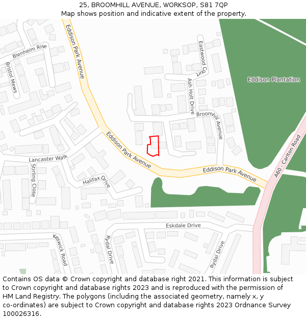 25, BROOMHILL AVENUE, WORKSOP, S81 7QP: Location map and indicative extent of plot