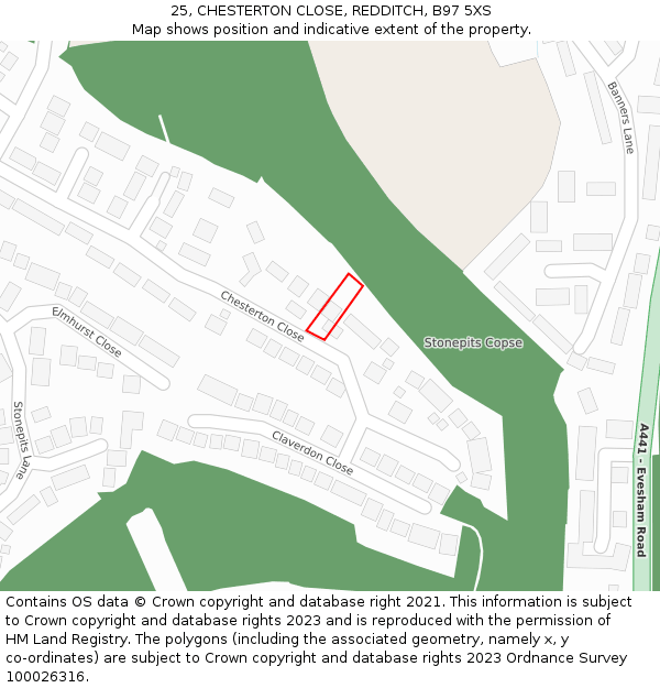 25, CHESTERTON CLOSE, REDDITCH, B97 5XS: Location map and indicative extent of plot