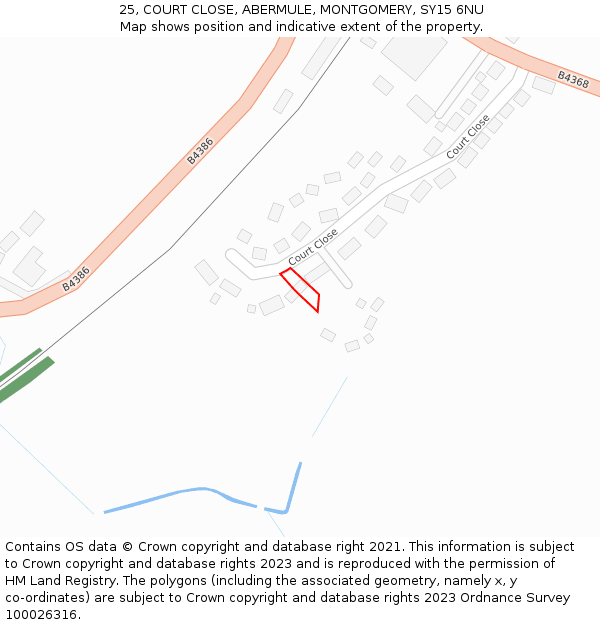 25, COURT CLOSE, ABERMULE, MONTGOMERY, SY15 6NU: Location map and indicative extent of plot