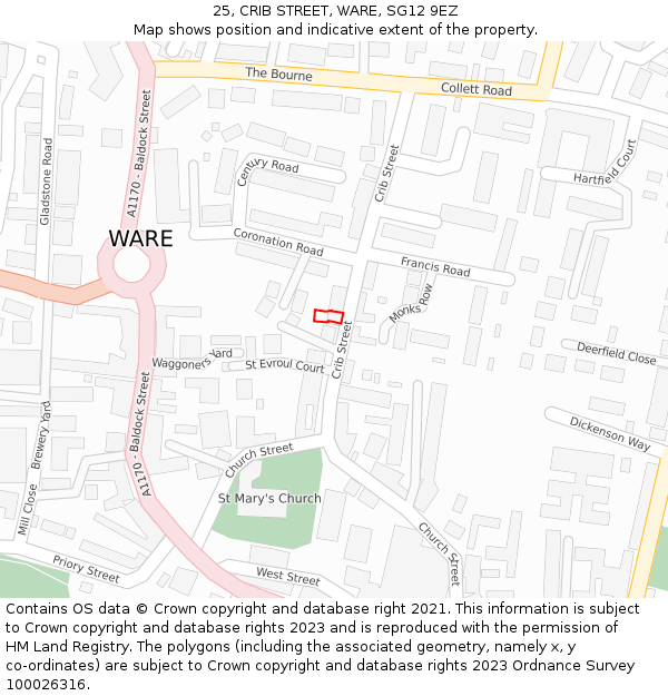 25, CRIB STREET, WARE, SG12 9EZ: Location map and indicative extent of plot