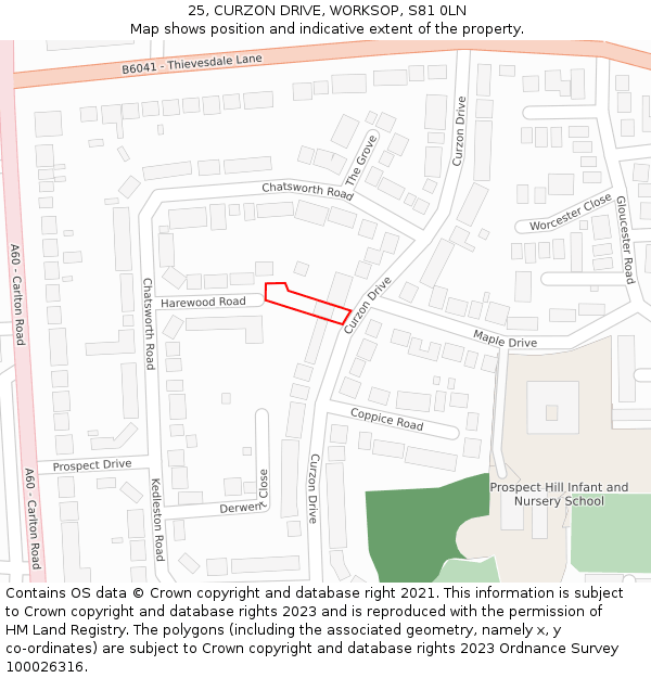 25, CURZON DRIVE, WORKSOP, S81 0LN: Location map and indicative extent of plot