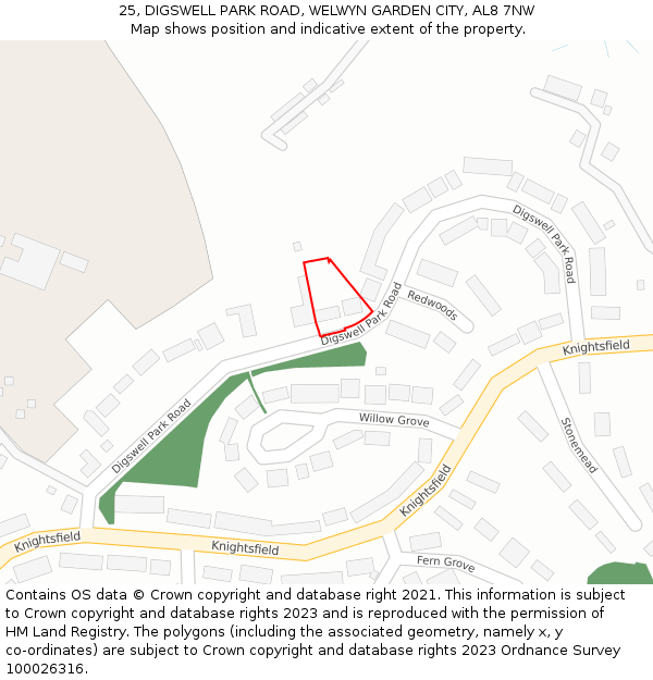 25, DIGSWELL PARK ROAD, WELWYN GARDEN CITY, AL8 7NW: Location map and indicative extent of plot
