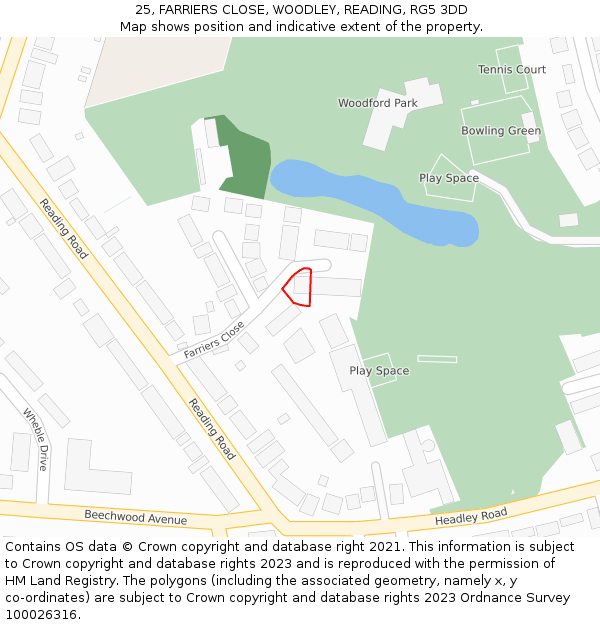 25, FARRIERS CLOSE, WOODLEY, READING, RG5 3DD: Location map and indicative extent of plot