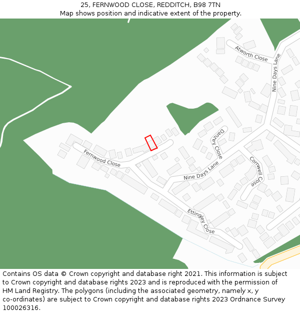 25, FERNWOOD CLOSE, REDDITCH, B98 7TN: Location map and indicative extent of plot
