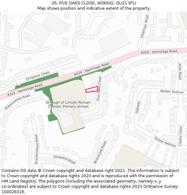 25, FIVE OAKS CLOSE, WOKING, GU21 8TU: Location map and indicative extent of plot