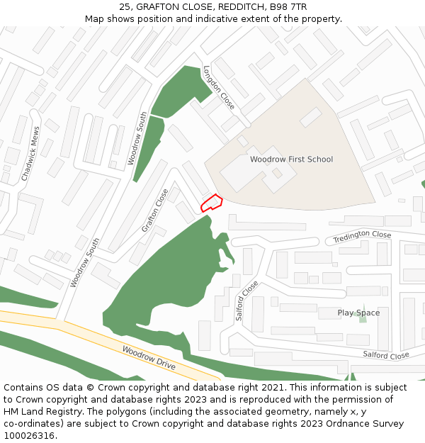 25, GRAFTON CLOSE, REDDITCH, B98 7TR: Location map and indicative extent of plot