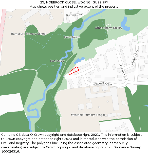 25, HOEBROOK CLOSE, WOKING, GU22 9PY: Location map and indicative extent of plot