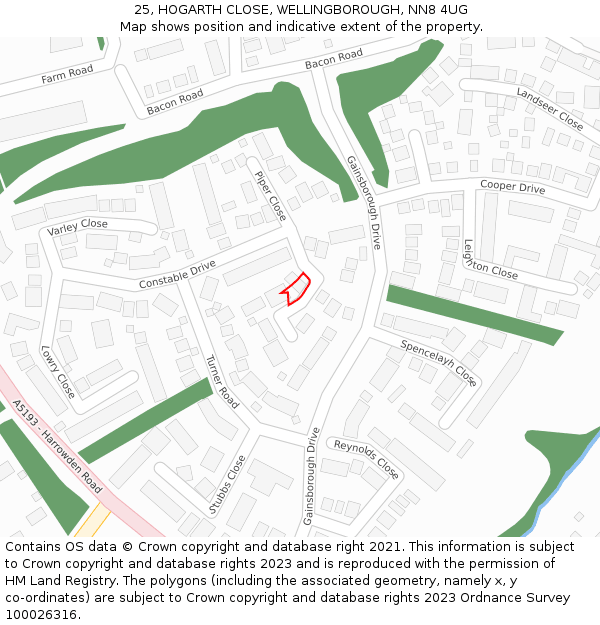 25, HOGARTH CLOSE, WELLINGBOROUGH, NN8 4UG: Location map and indicative extent of plot