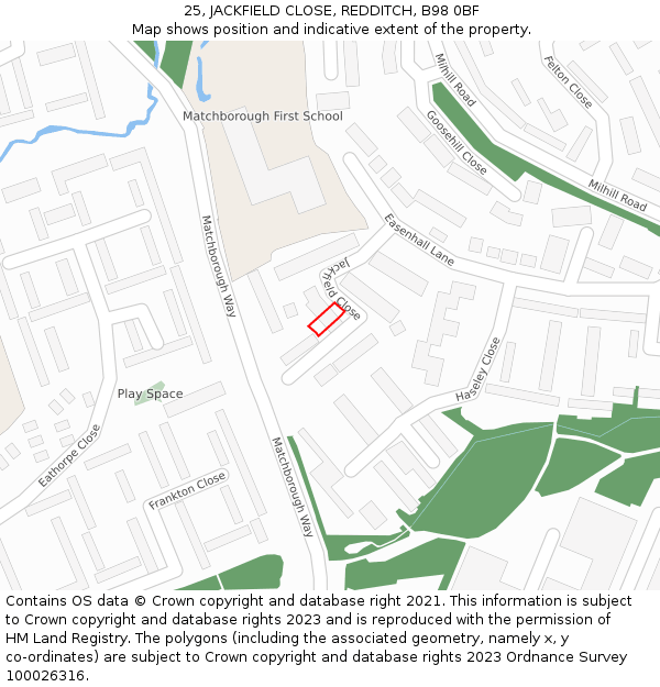 25, JACKFIELD CLOSE, REDDITCH, B98 0BF: Location map and indicative extent of plot