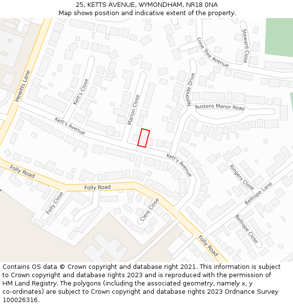 25, KETTS AVENUE, WYMONDHAM, NR18 0NA: Location map and indicative extent of plot