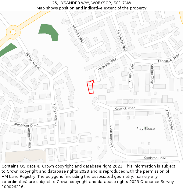 25, LYSANDER WAY, WORKSOP, S81 7NW: Location map and indicative extent of plot