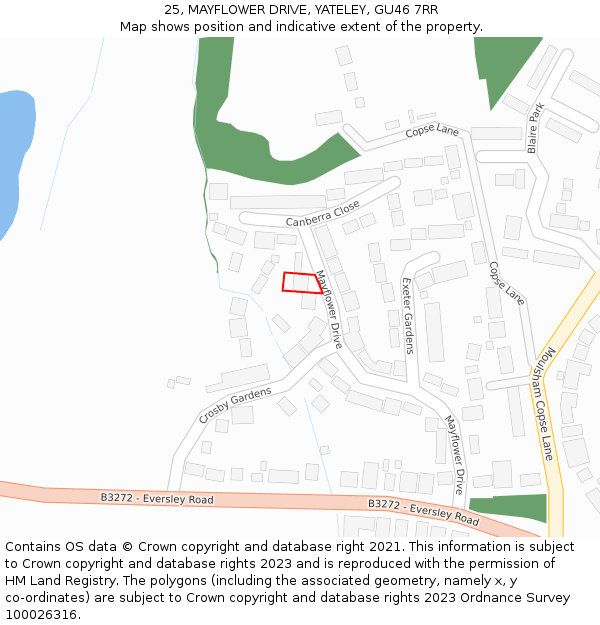 25, MAYFLOWER DRIVE, YATELEY, GU46 7RR: Location map and indicative extent of plot