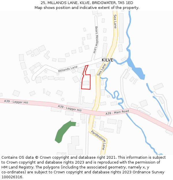 25, MILLANDS LANE, KILVE, BRIDGWATER, TA5 1ED: Location map and indicative extent of plot