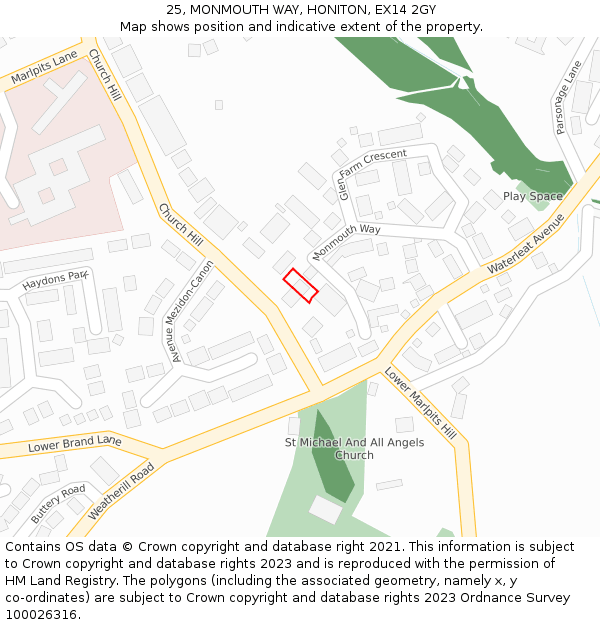 25, MONMOUTH WAY, HONITON, EX14 2GY: Location map and indicative extent of plot