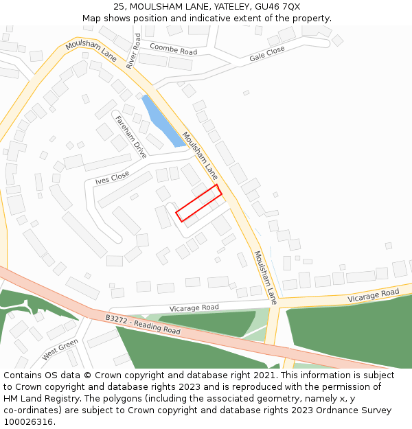 25, MOULSHAM LANE, YATELEY, GU46 7QX: Location map and indicative extent of plot