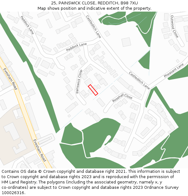 25, PAINSWICK CLOSE, REDDITCH, B98 7XU: Location map and indicative extent of plot